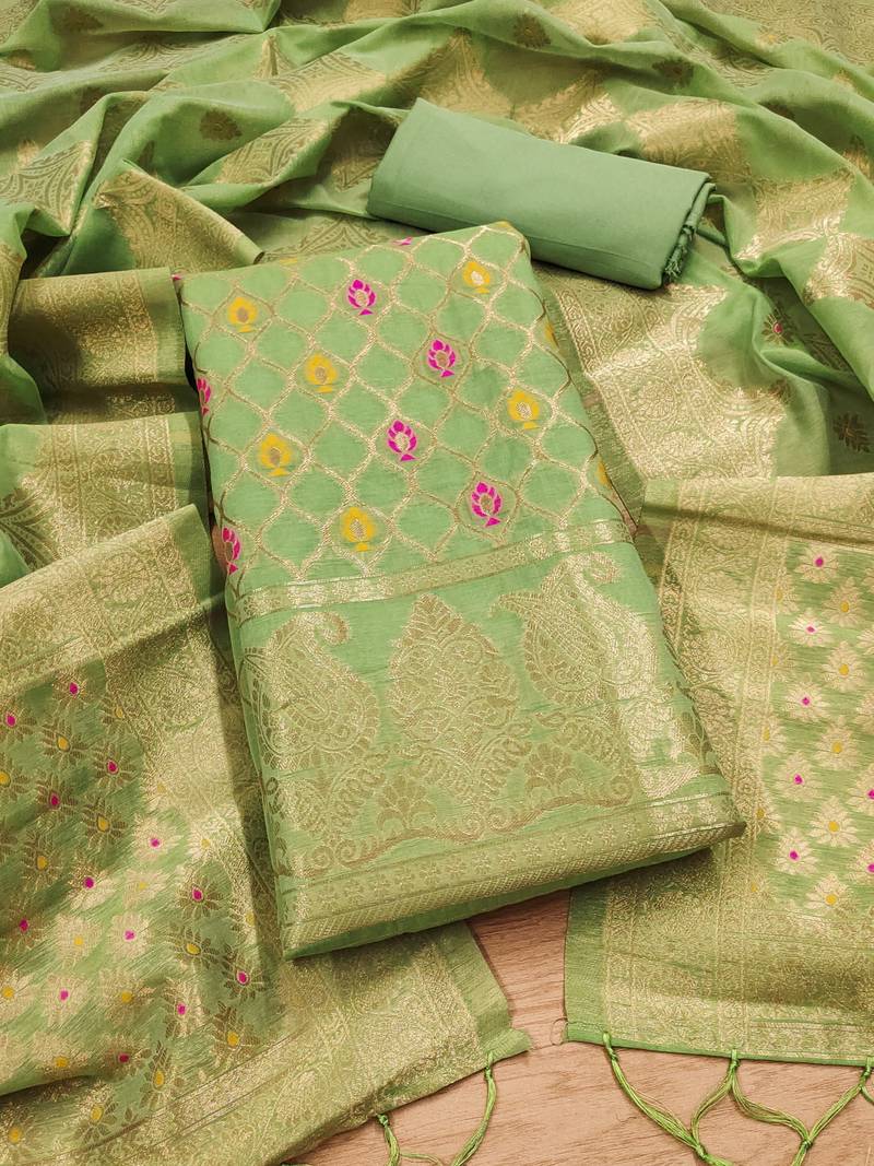 unstitched pista chanderi cotton 3-piece set with zari work
