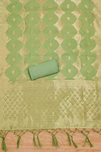 unstitched pista chanderi cotton set with zari work