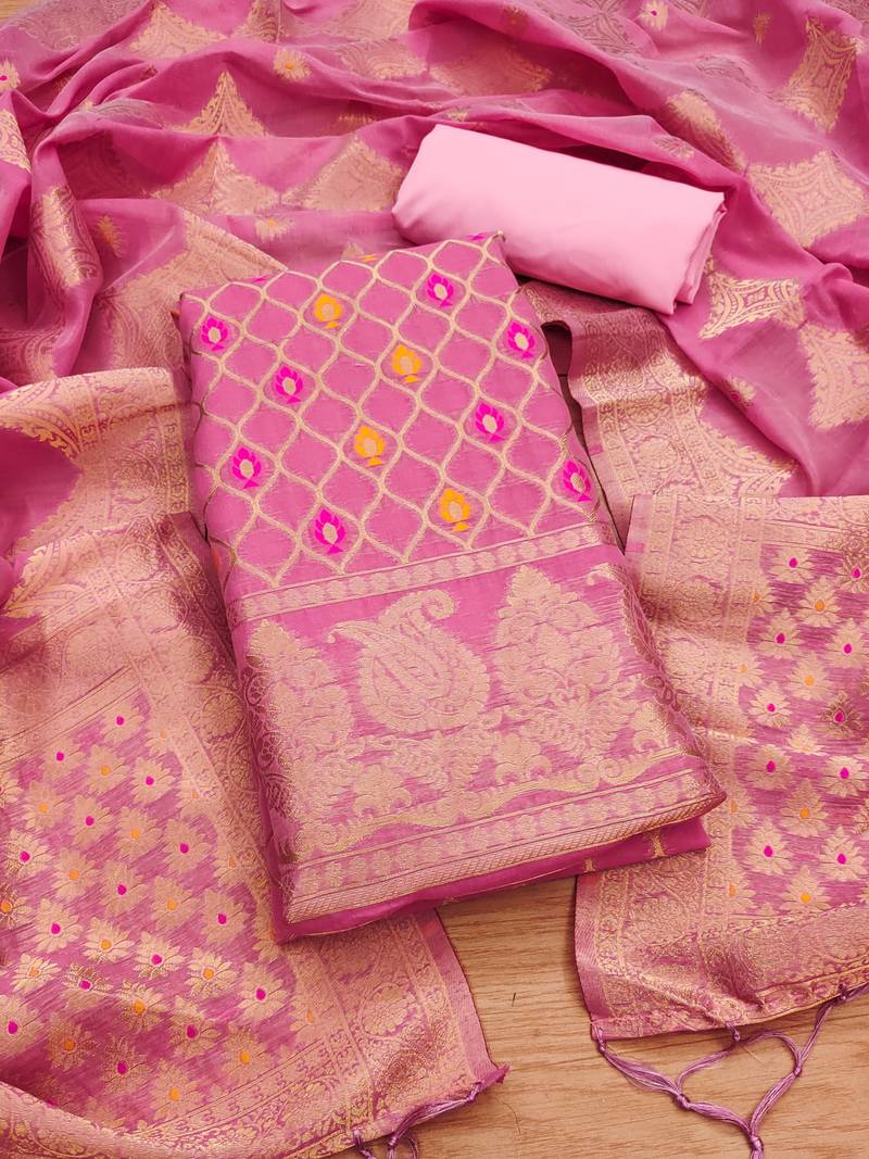 unstitched pink chanderi cotton 3-piece set with zari work