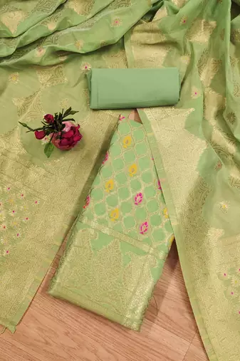 unstitched pista chanderi cotton set with zari work