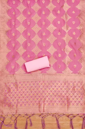 unstitched pink chanderi cotton set with zari work