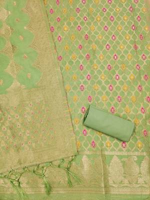 unstitched pista chanderi cotton set with zari work 4