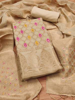 unstitched chiku chanderi cotton set with zari work 1