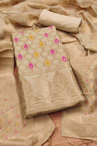 unstitched chiku chanderi cotton 3-piece set with zari work