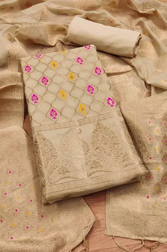 unstitched chiku chanderi cotton 3-piece set with zari work