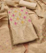 unstitched chiku chanderi cotton 3-piece set with zari work