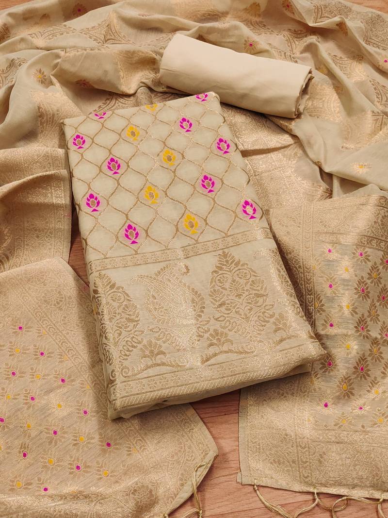 unstitched chiku chanderi cotton 3-piece set with zari work