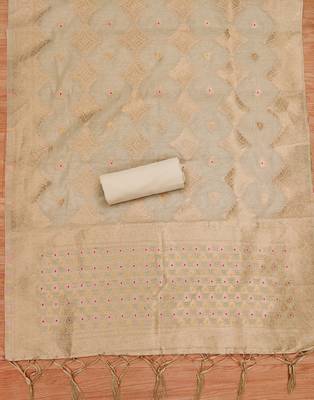 unstitched chiku chanderi cotton set with zari work 2