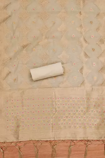 unstitched chiku chanderi cotton set with zari work