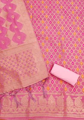 unstitched pink chanderi cotton set with zari work 4
