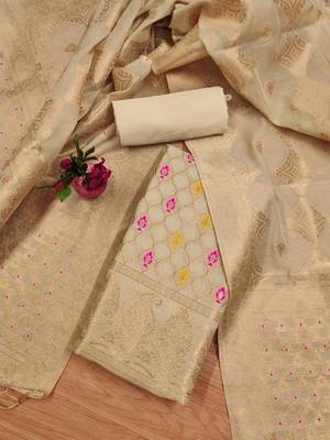 unstitched chiku chanderi cotton set with zari work 3