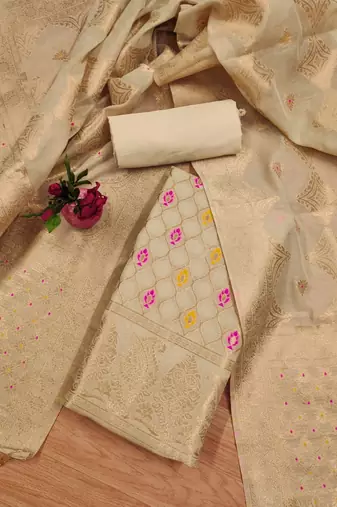 unstitched chiku chanderi cotton set with zari work