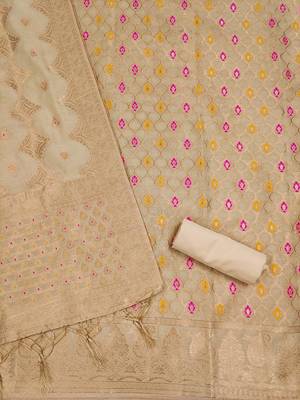 unstitched chiku chanderi cotton set with zari work 4