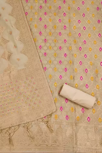 unstitched chiku chanderi cotton set with zari work