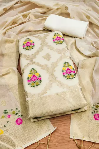 white zari weaving chanderi cotton 3-piece dress material