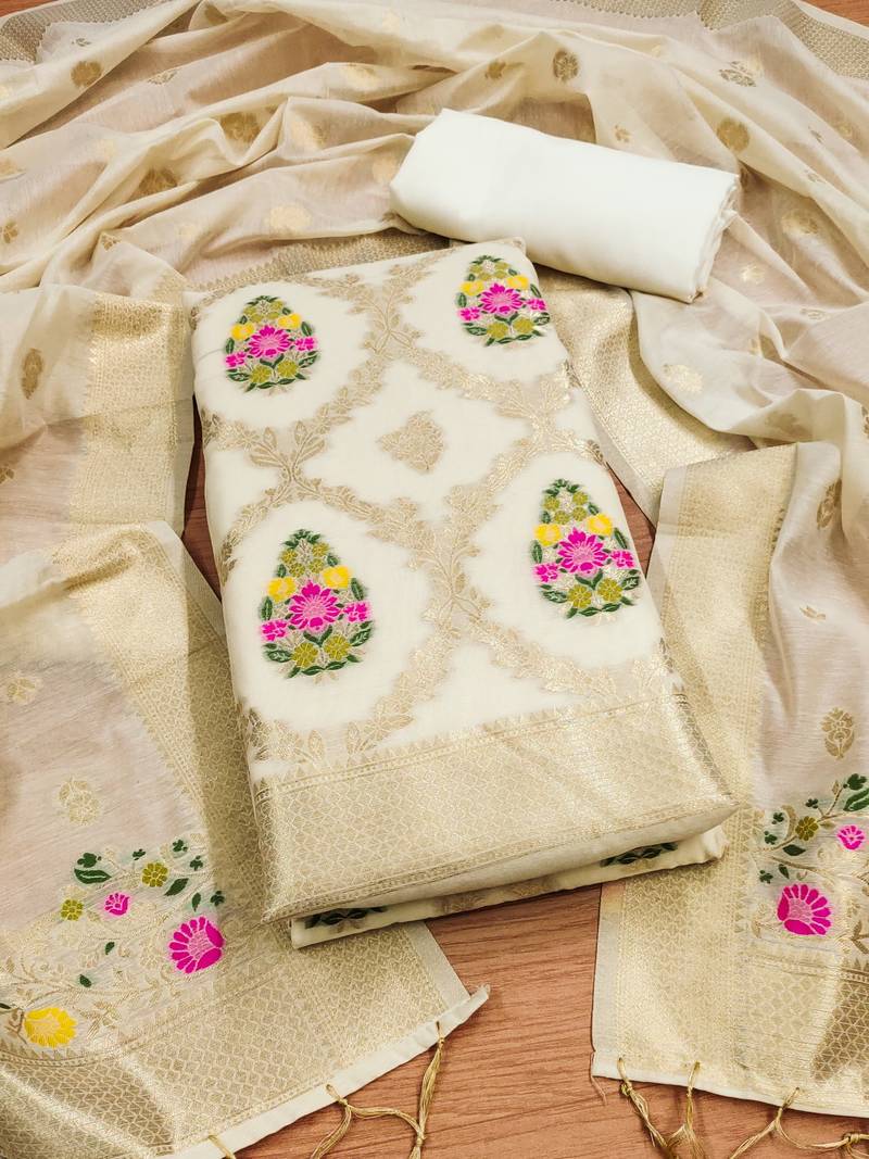 white zari weaving chanderi cotton 3-piece dress material