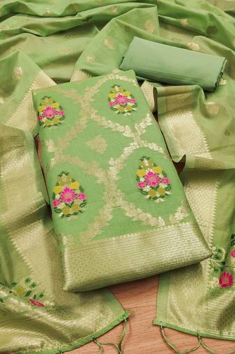 pista zari weaving chanderi cotton 3-piece dress material