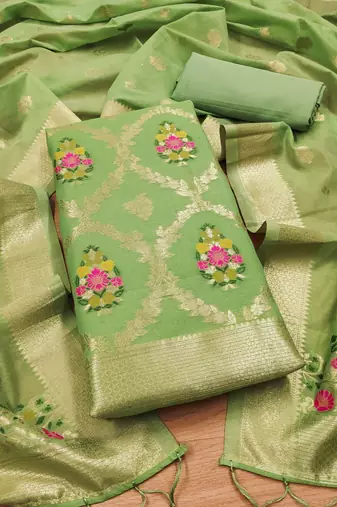 pista zari weaving chanderi cotton 3-piece dress material