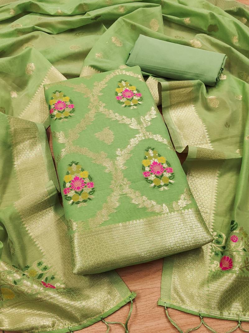 pista zari weaving chanderi cotton 3-piece dress material