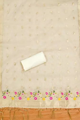 white zari chanderi cotton dress material