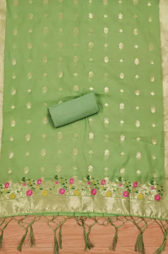 pista zari weaving chanderi cotton 3-piece dress material