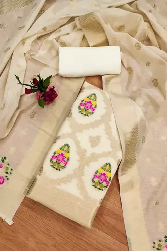 white zari chanderi cotton dress material