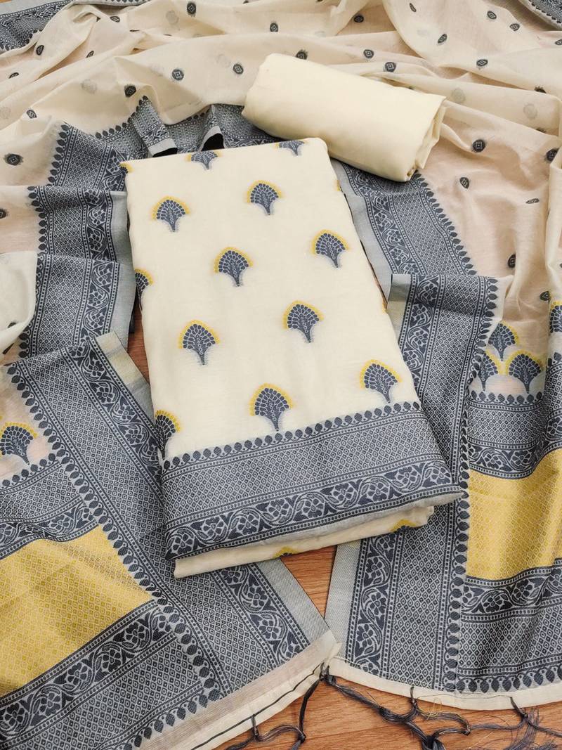 grey resham weaving chanderi cotton 3-piece dress material