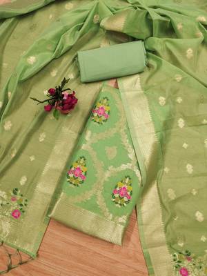 pista zari weaving chanderi cotton 3-piece dress material 3