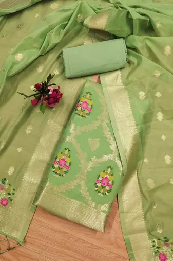 pista zari weaving chanderi cotton 3-piece dress material