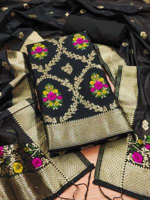 black zari weaving chanderi cotton 3-piece dress material 1