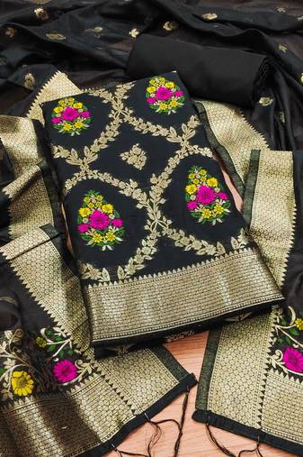 black zari weaving chanderi cotton 3-piece dress material