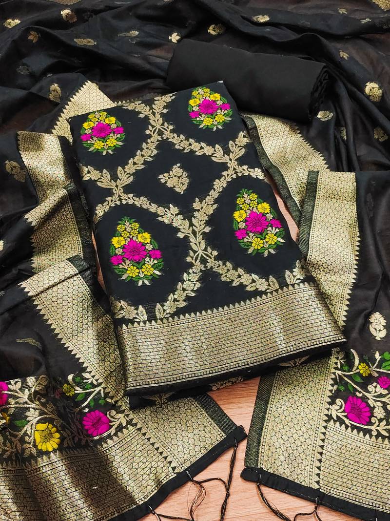 black zari weaving chanderi cotton 3-piece dress material