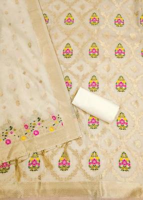 white zari chanderi cotton dress material 4
