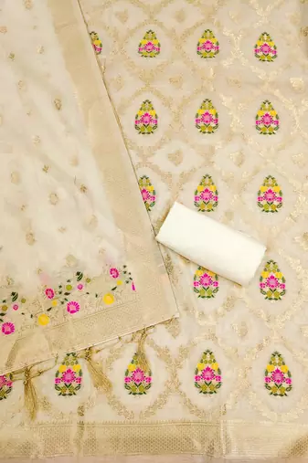 white zari chanderi cotton dress material