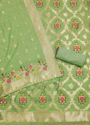 pista zari weaving chanderi cotton 3-piece dress material 4