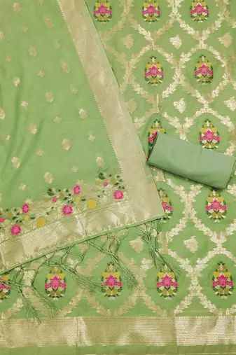 pista zari weaving chanderi cotton 3-piece dress material