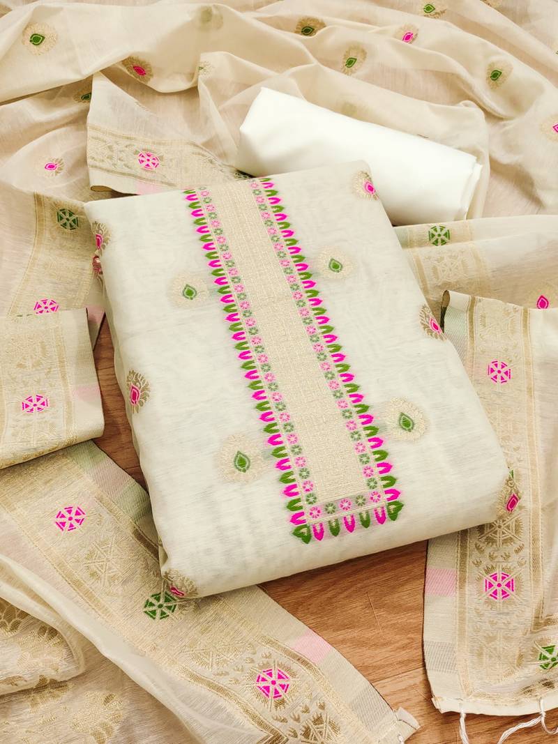 white zari weaving chanderi cotton 3-piece dress material