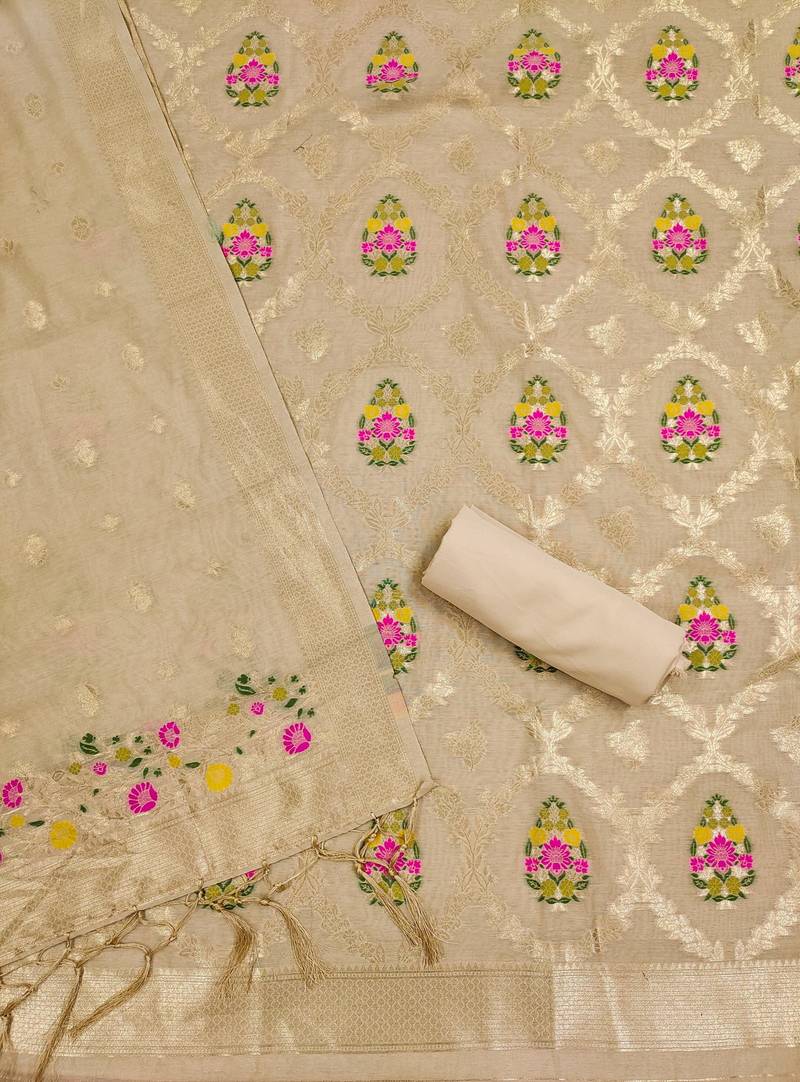 chiku zari weaving chanderi cotton 3-piece dress material