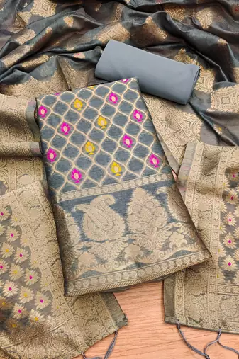 unstitched grey chanderi cotton 3-piece set with zari work