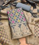 unstitched grey chanderi cotton 3-piece set with zari work