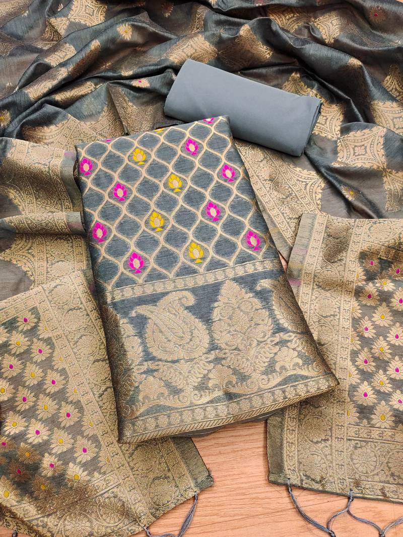 unstitched grey chanderi cotton 3-piece set with zari work