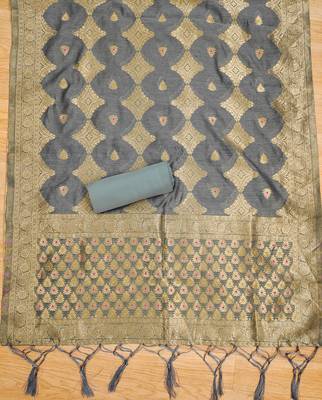 unstitched grey chanderi cotton set with zari work 2