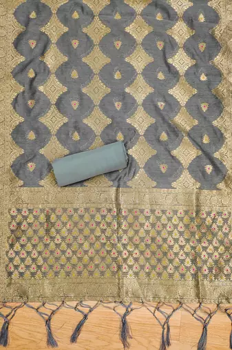 unstitched grey chanderi cotton set with zari work