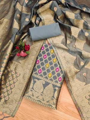 unstitched grey chanderi cotton set with zari work 3