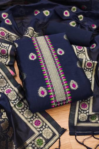 navy blue chanderi cotton 3 piece dress material