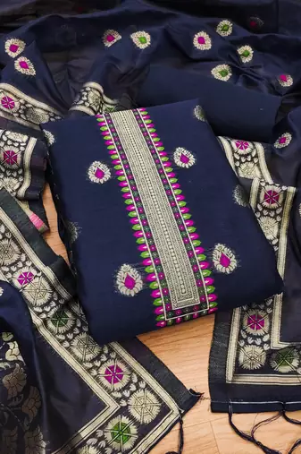 navy blue chanderi cotton 3 piece dress material