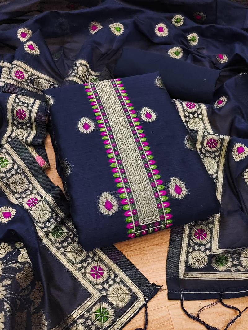 navy blue chanderi cotton 3 piece dress material