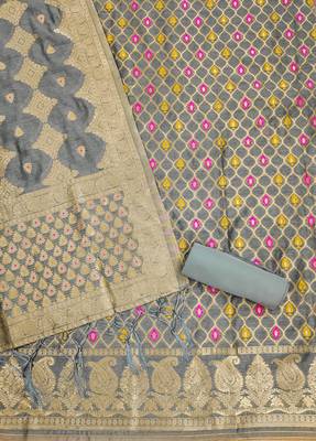 unstitched grey chanderi cotton set with zari work 4