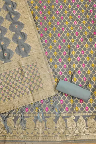 unstitched grey chanderi cotton set with zari work