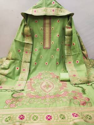 pista green chanderi cotton dress material 4